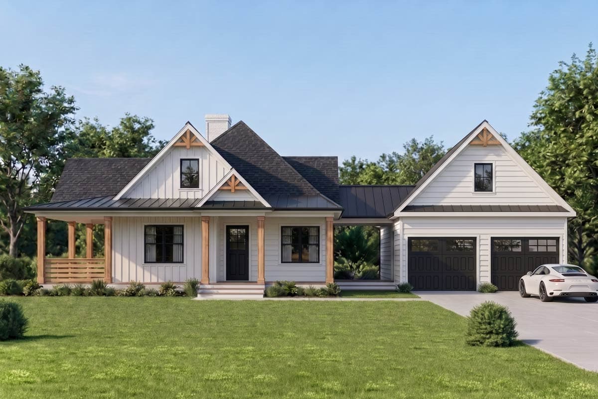 House plan exterior. Modern Farmhouse style with a front porch, gables, and a two-car garage. Features a dark shingle roof.