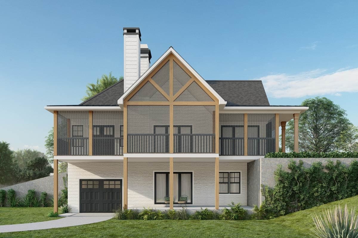 House plan exterior: Modern Farmhouse style, two stories, with a screened porch, gables, and a side-entry garage.