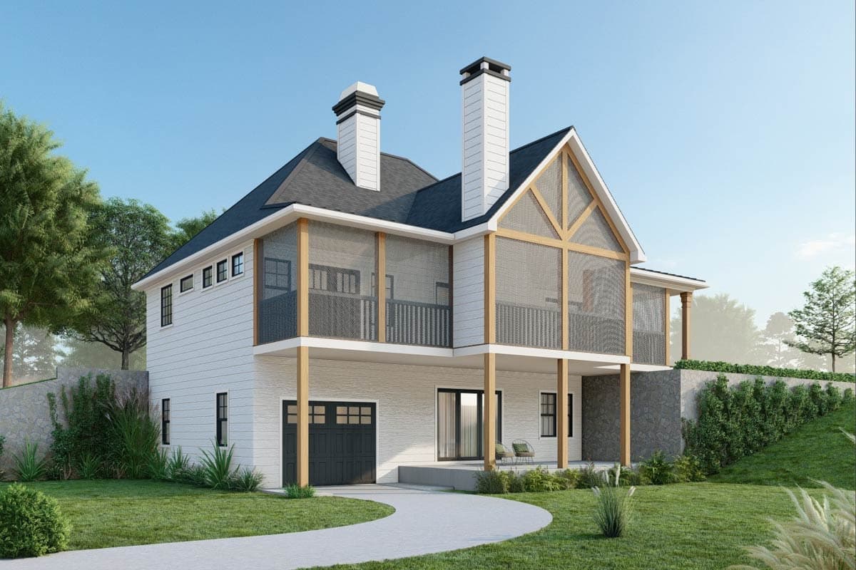 House plan exterior: two-story modern home with screened porches, twin chimneys, and a two-car garage.