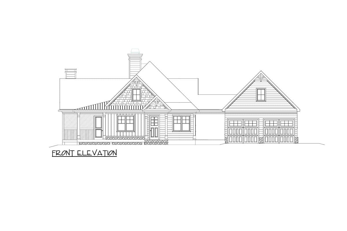 Front elevation of a house plan showing a gabled roof, front porch, dormer, and three-car garage.