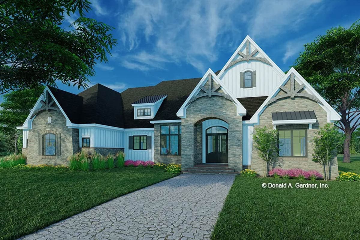 House plan exterior with stone accents, gabled roof, and arched entryway. Features include multiple gables and a combination of siding and stone.