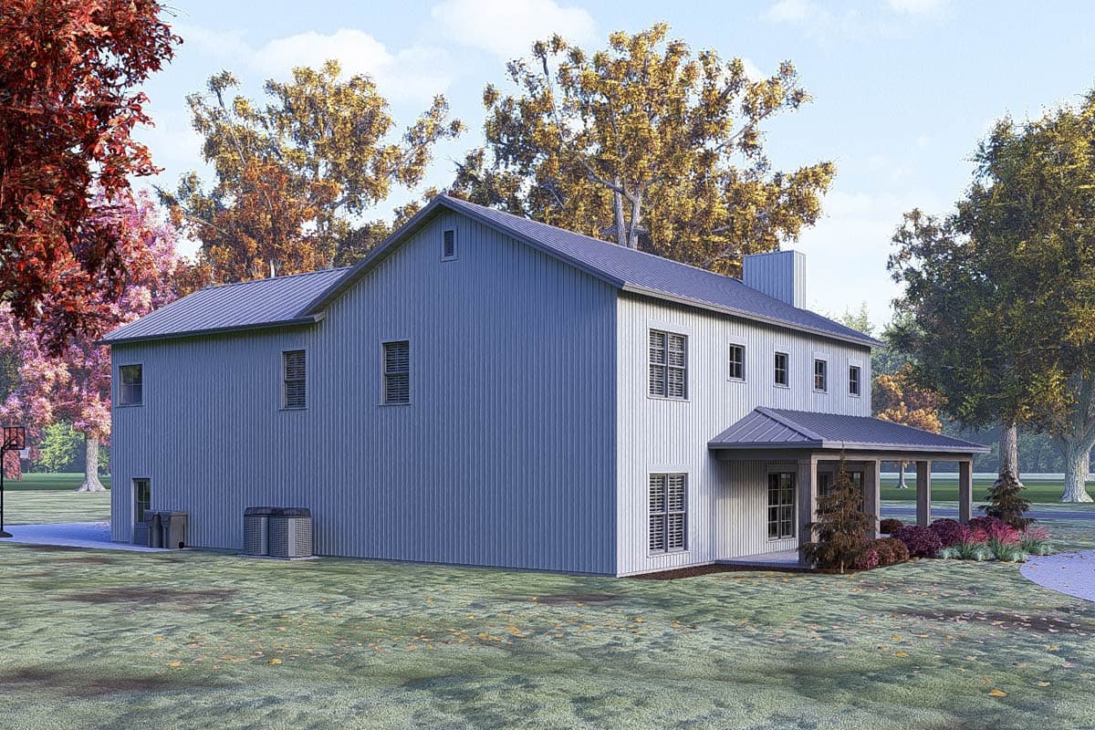 House plan exterior of a two-story Modern Farmhouse with a covered porch, metal siding, and gabled roof.