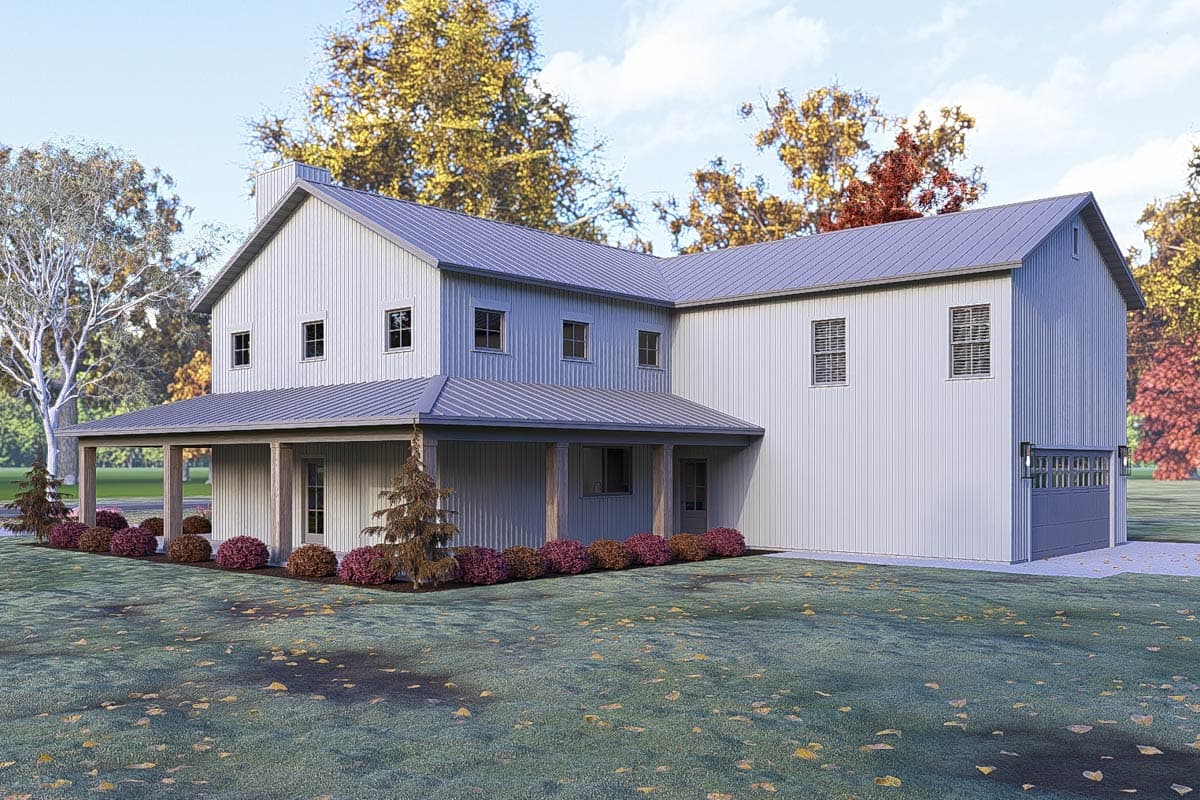 House plan exterior: Modern farmhouse style, two stories, wraparound porch, metal siding, and attached garage.