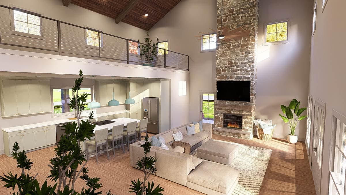 Interior rendering of open-concept living space with vaulted wood-beam ceiling, stone fireplace, island kitchen, and second-story balcony.