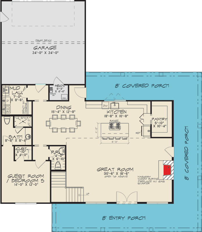 Plan 700505SND: Modern 5-Bedroom Barndominium House Plan with Wrap-Around Porch - Floor Plan - Main Level - Barndominium