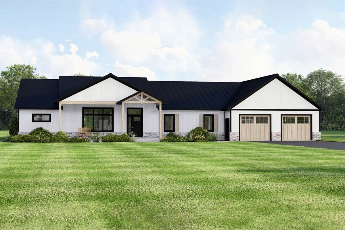 House plan exterior. Modern Farmhouse style, one-story. Features include a front porch, gabled rooflines, and a two-car garage.
