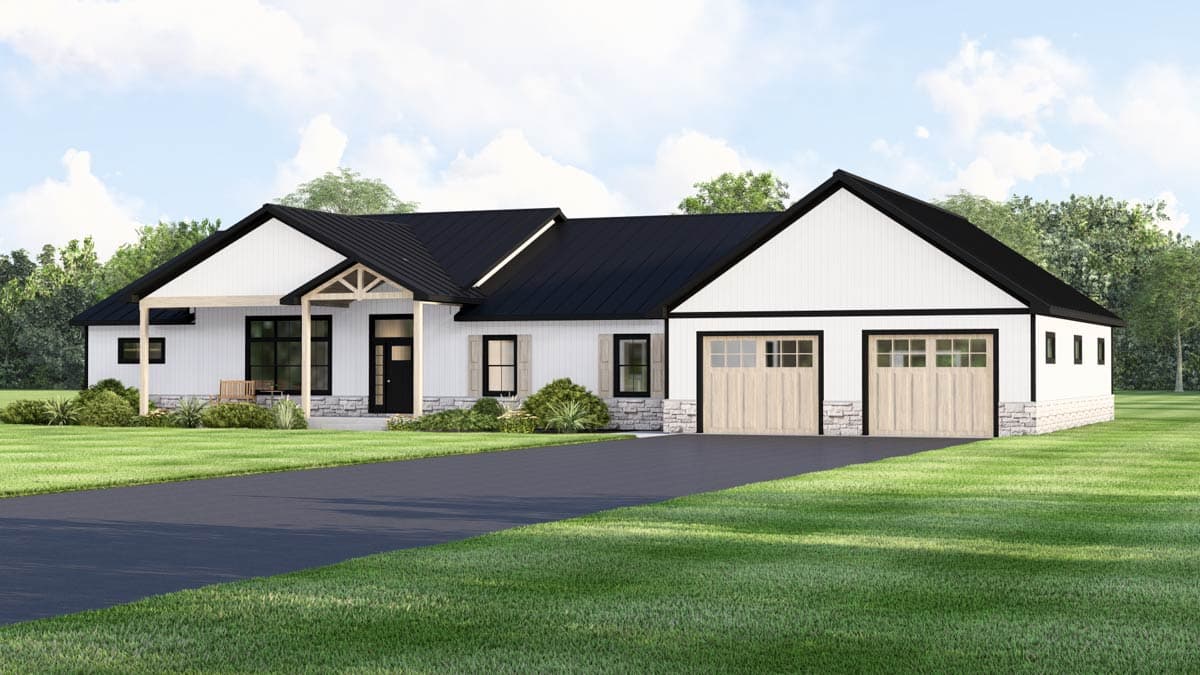 House plan exterior: Modern Farmhouse style, one story, with a covered entry porch, gable rooflines, and a three-car attached garage.