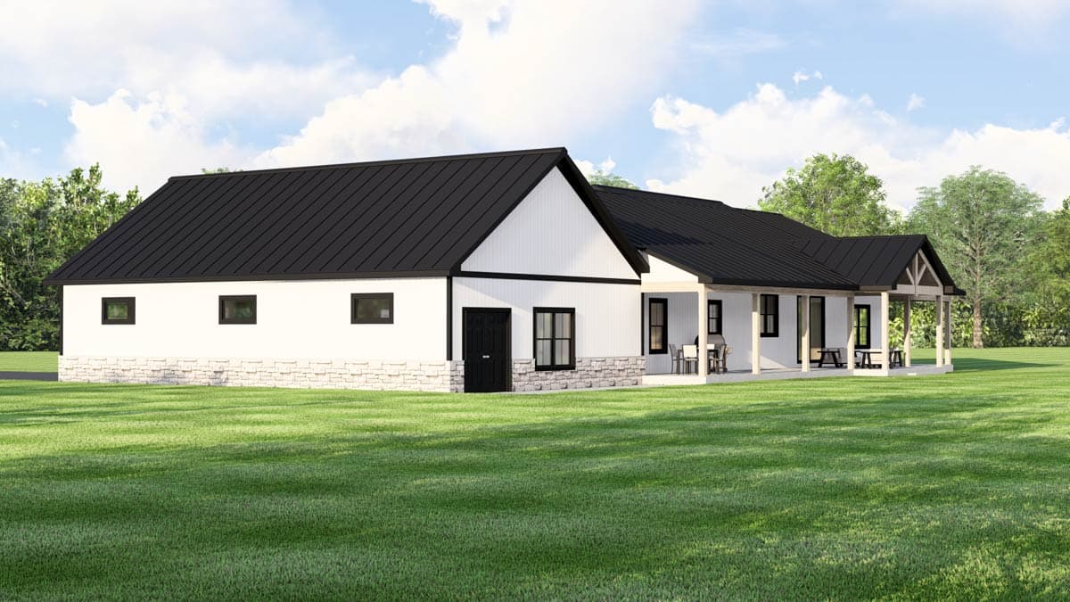 House plan exterior of a one-story modern farmhouse with a black metal roof, white siding, stone base, and covered front porch.