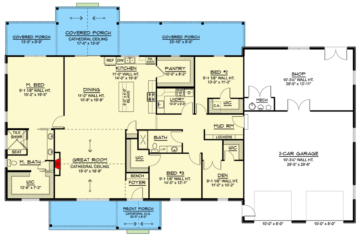 Plan 135385GRA: New American Ranch House Plan with Expansive Shop and Open Living - Floor Plan - Main Level - Country, Craftsman, New American, Ranch