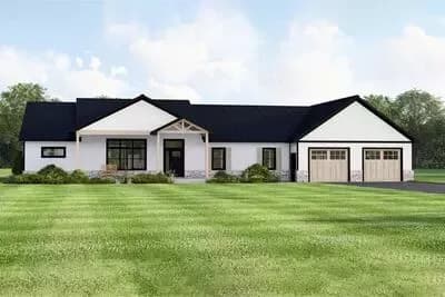New American Ranch House Plan with Expansive Shop and Open Living