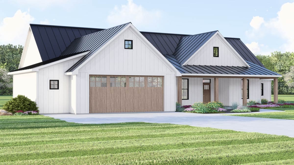 Modern Farmhouse house plan exterior with white board and batten siding, black metal roof, and a large wood garage door.