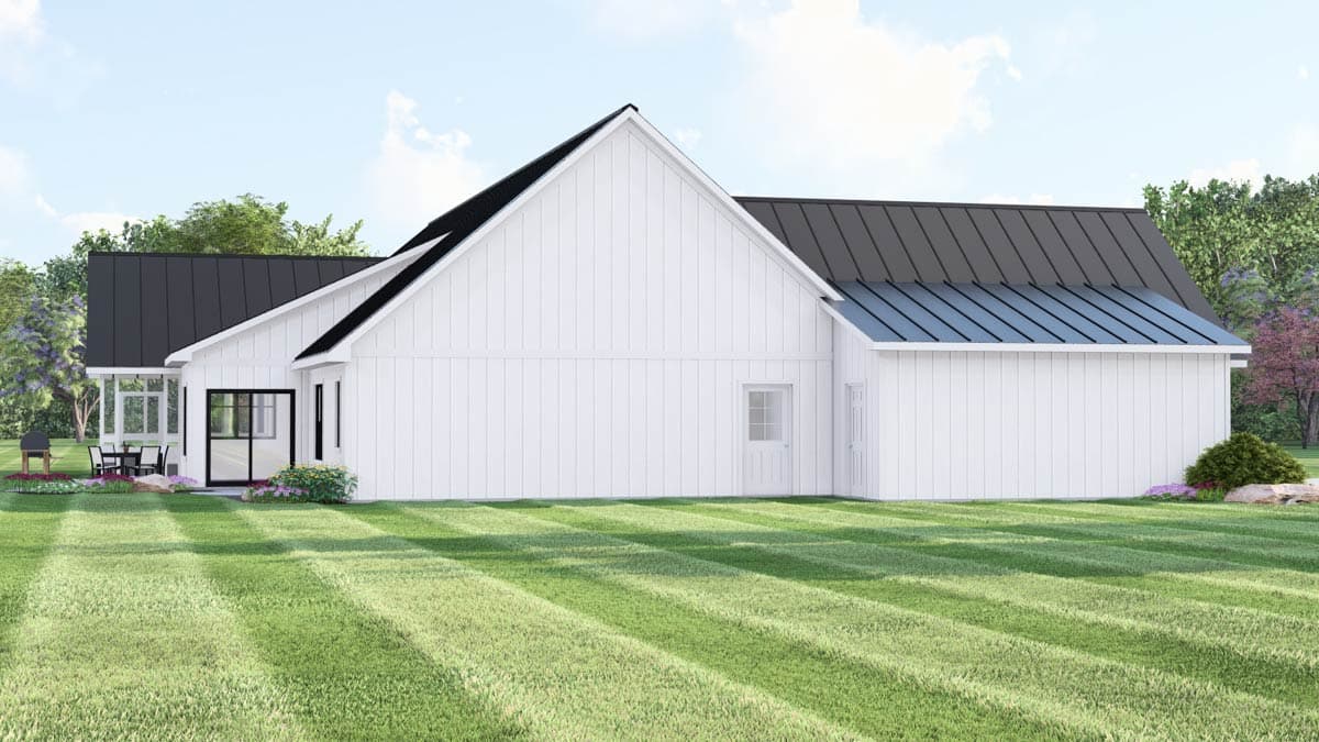 Modern farmhouse house plan exterior with white board and batten siding, black metal roof, and gabled dormers.