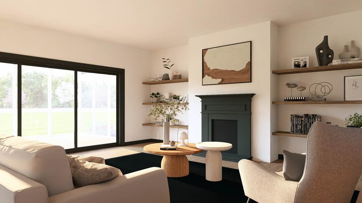 Interior rendering of a living room with a dark green fireplace, wood shelving, and large sliding glass doors.