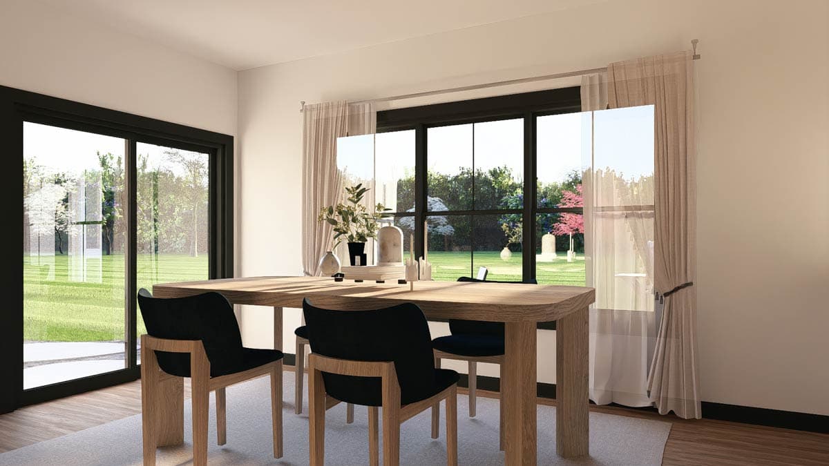 Dining room interior rendering with a wooden table and chairs, large windows, and sliding glass doors.
