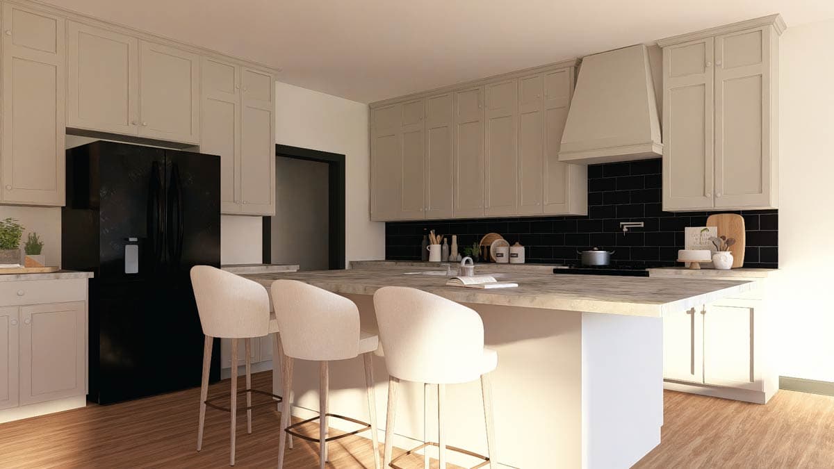 Kitchen with light gray cabinets, black subway tile backsplash, and large island with seating.