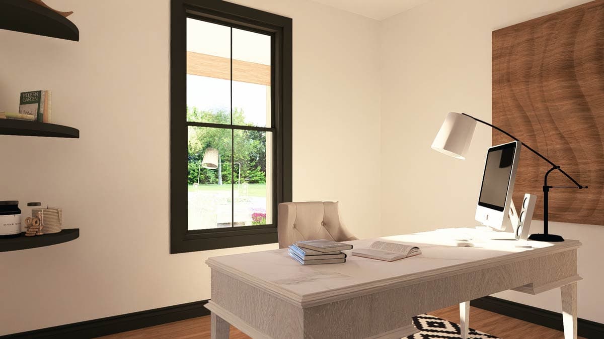 Office rendering with desk, computer, chair, and window overlooking a yard. Wood accent wall.