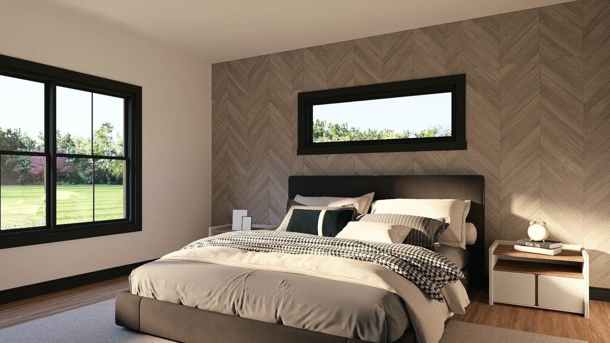 Bedroom interior rendering with a large bed, two windows with black frames, and wood-paneled accent wall.