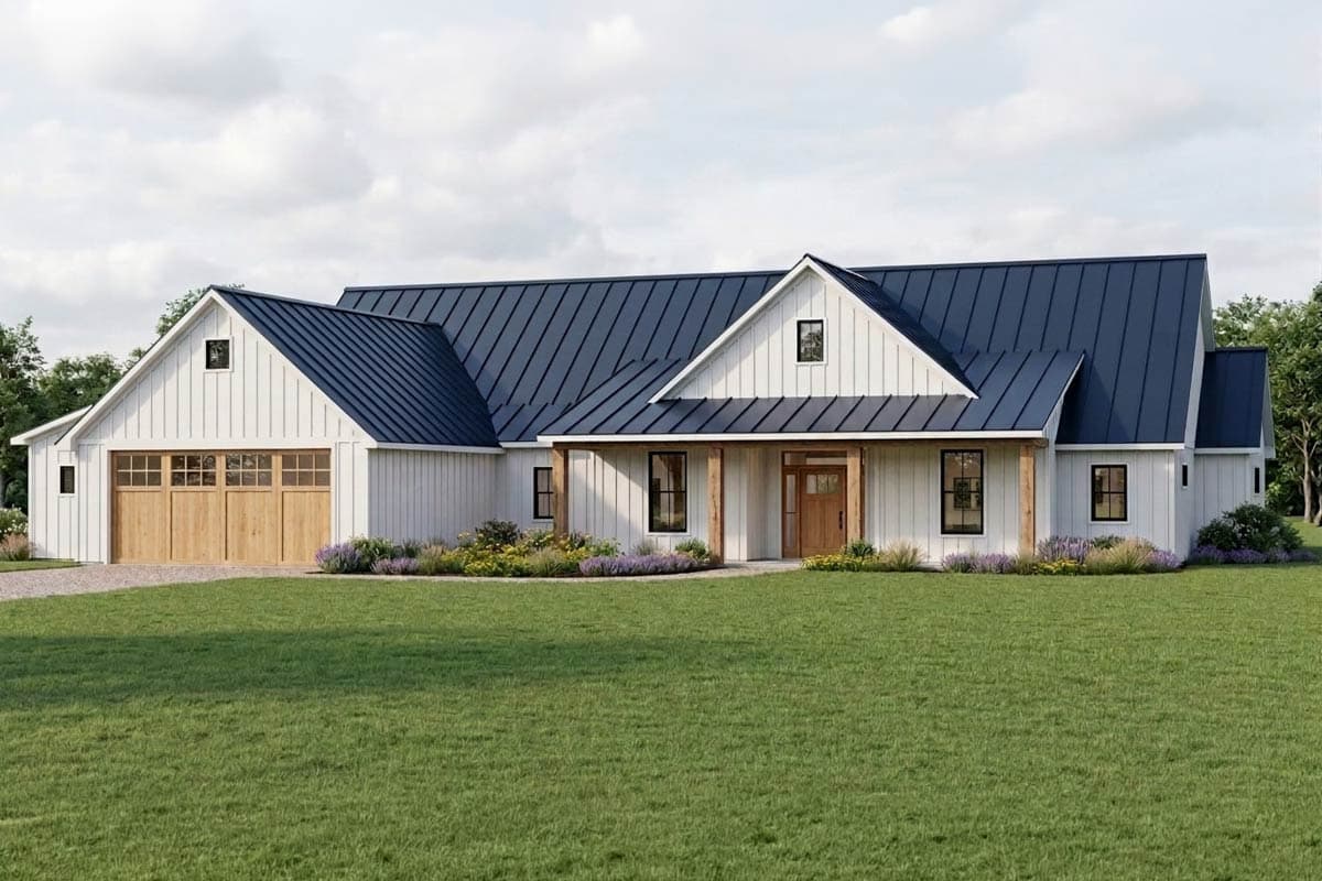 House plan exterior. Modern farmhouse style with one story, board and batten siding, a covered porch, and a detached garage.