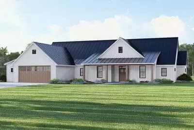 Modern Farmhouse Ranch House Plan with Split Beds, Office, and Safe Room
