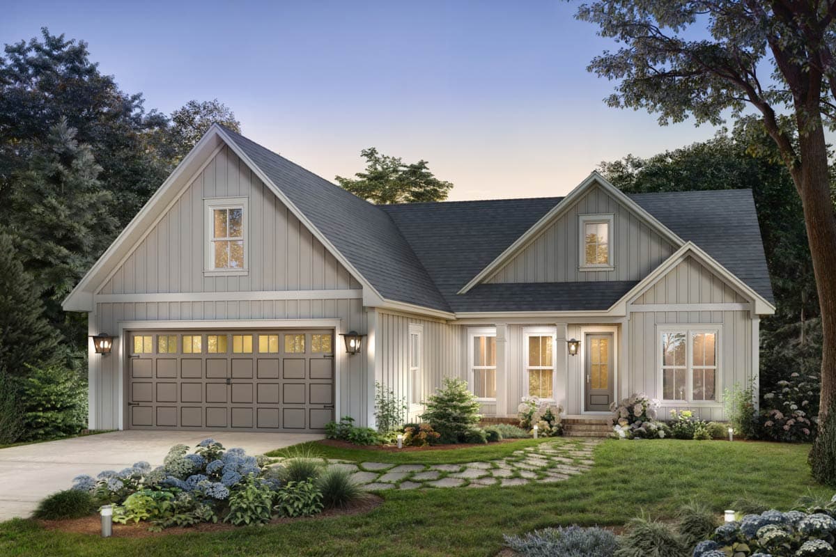 Modern Farmhouse house plan exterior with gables, board and batten siding, and attached garage.