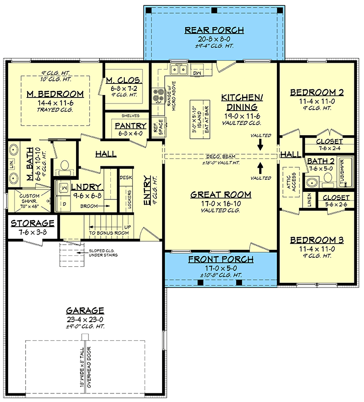 Plan 52014HZ: Modern Farmhouse House Plan with Split Beds and Bonus Room - Floor Plan - Main Level - Country, Modern Farmhouse, Traditional