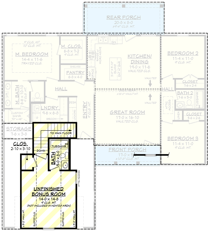 Plan 52014HZ: Modern Farmhouse House Plan with Split Beds and Bonus Room - Floor Plan - Optionally Finished Bonus Room - Country, Modern Farmhouse, Traditional