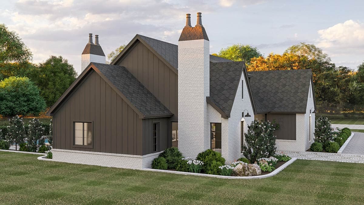 House plan exterior with white brick, dark vertical siding, multiple gables, and prominent twin-chimneys.