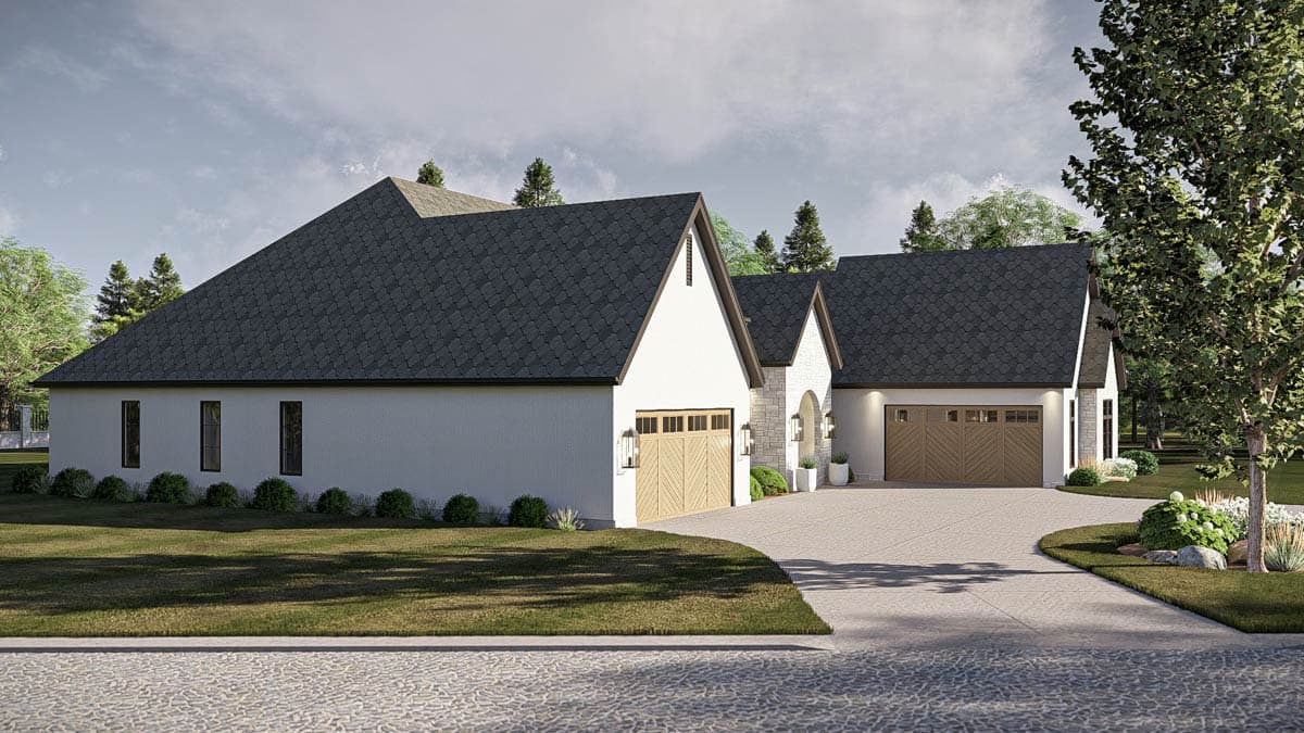 House plan exterior: Modern Farmhouse style, one story, with a three-car garage, gabled dormers, and stone accents.