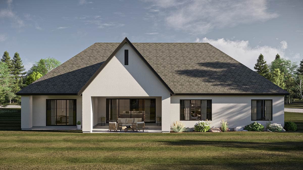 Modern house plan exterior: single-story with a prominent gable, large sliding glass doors, and covered patio.