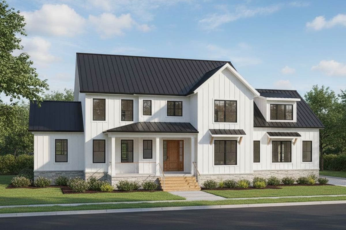 House plan exterior. Two-story Modern Farmhouse with a front porch, multiple gables, and dormers. Features dark metal roof and white siding.