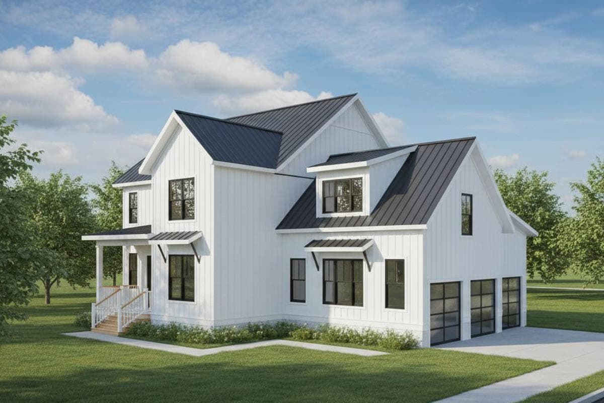 Modern Farmhouse house plan exterior: Two stories, white board-and-batten siding, dark metal roof, front porch, dormers, and three-car garage.