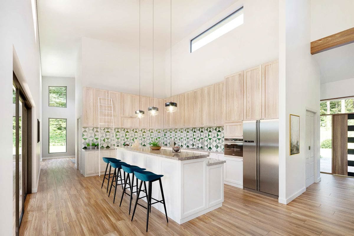 Modern kitchen with wood cabinets, island with blue bar stools, and geometric backsplash. High ceilings and lots of natural light.