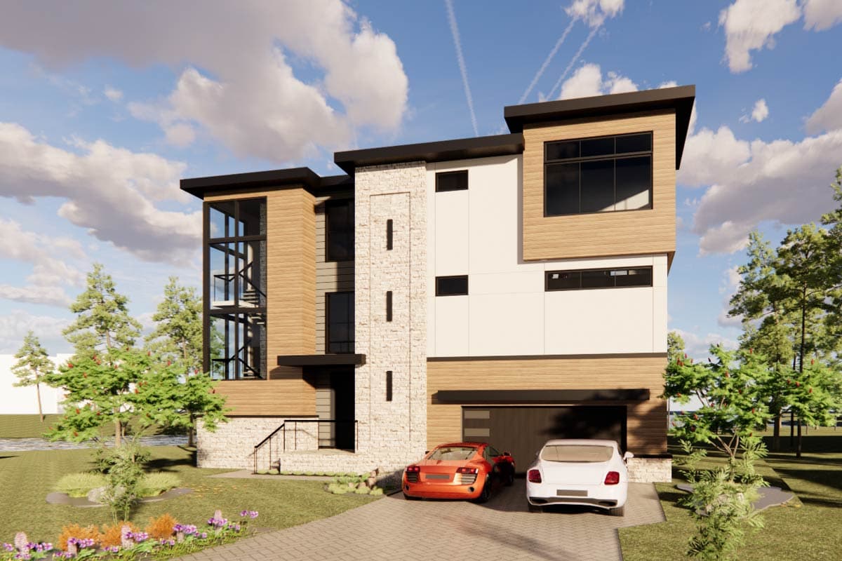 Modern house plan exterior featuring wood siding, stone accents, large windows, flat rooflines, and attached garage.