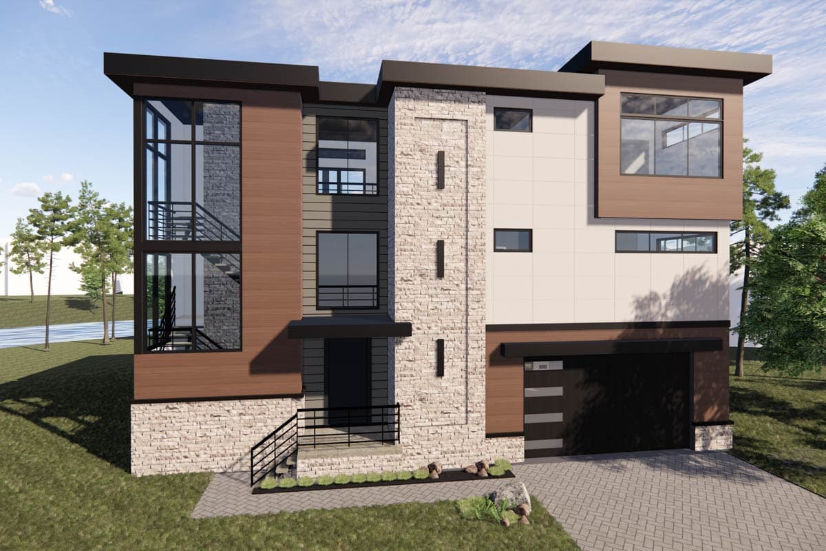 Modern house plan exterior with stacked stone, wood siding, multiple levels, large windows, and a garage.