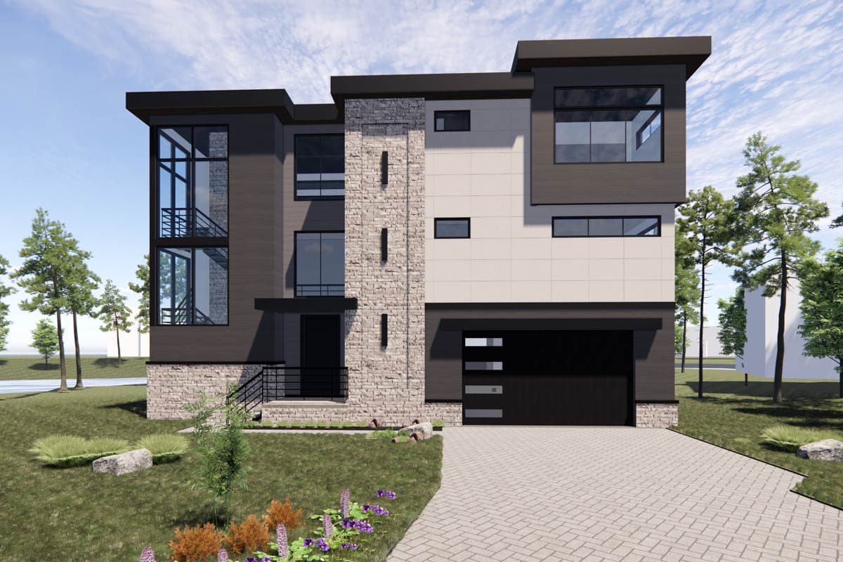 Modern house plan exterior with stone accents, large windows, flat rooflines, and attached garage.