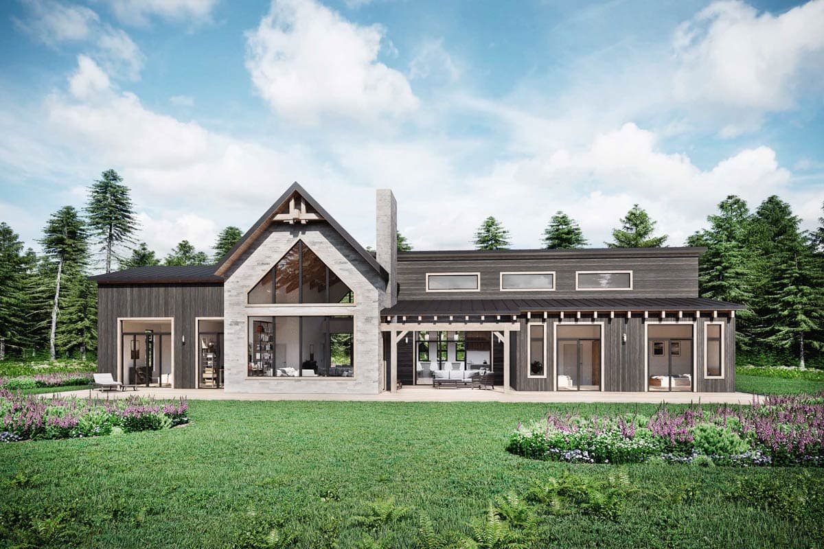 Modern house plan exterior with a prominent gable, stone facade, dark wood siding, and large windows.