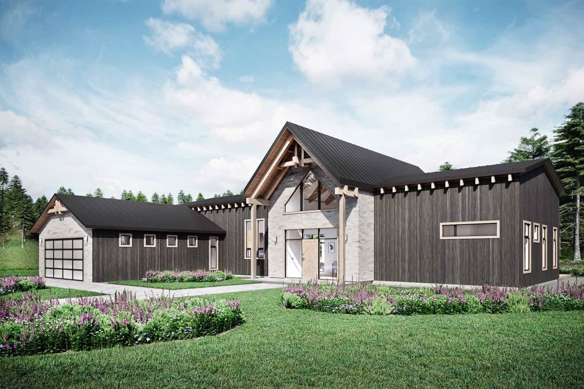 Modern house plan exterior with dark wood siding, stone accents, high gabled roof, and attached garage with glass doors.
