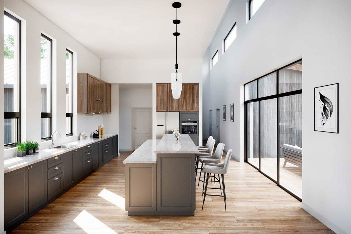 Contemporary kitchen with large island, dark lower cabinets, wood uppers, and tall windows. Open layout.