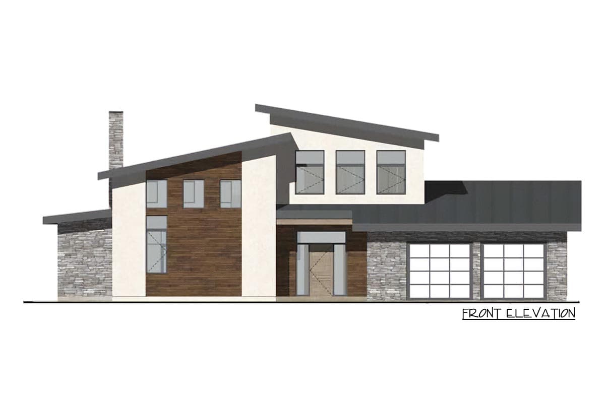 Architectural rendering of a modern house front elevation with stone, wood and stucco siding.