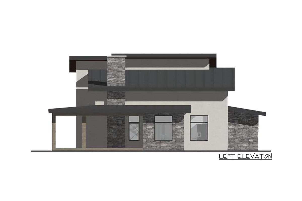 Architectural rendering of the left elevation of a modern two-story house with stone accents and flat roof.