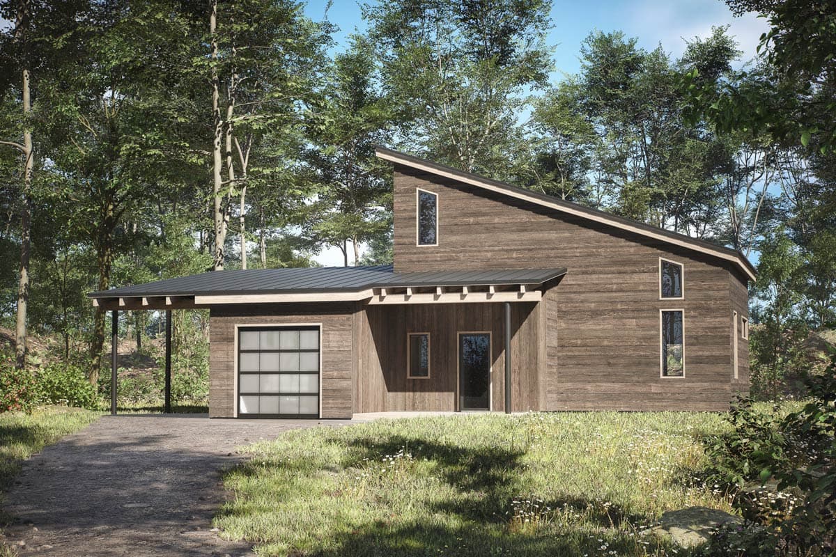 House plan exterior. Modern style, one-story home with a carport, shed roof, and clerestory windows. A detached garage is visible.