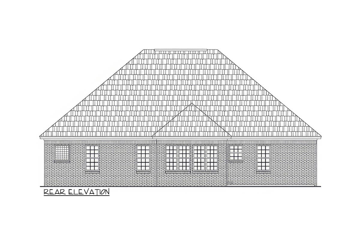 Rear elevation drawing of a brick house with a symmetrical hipped roof and multiple windows.
