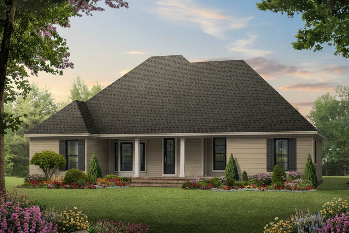 House plan exterior: One-story home with a covered front porch, double-hung windows with shutters, and a hip roof.