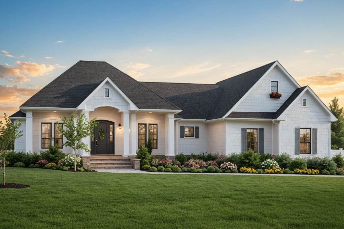 House plan exterior. Two-story, Craftsman-style home with a front porch, gables, dormers, and a prominent roofline.