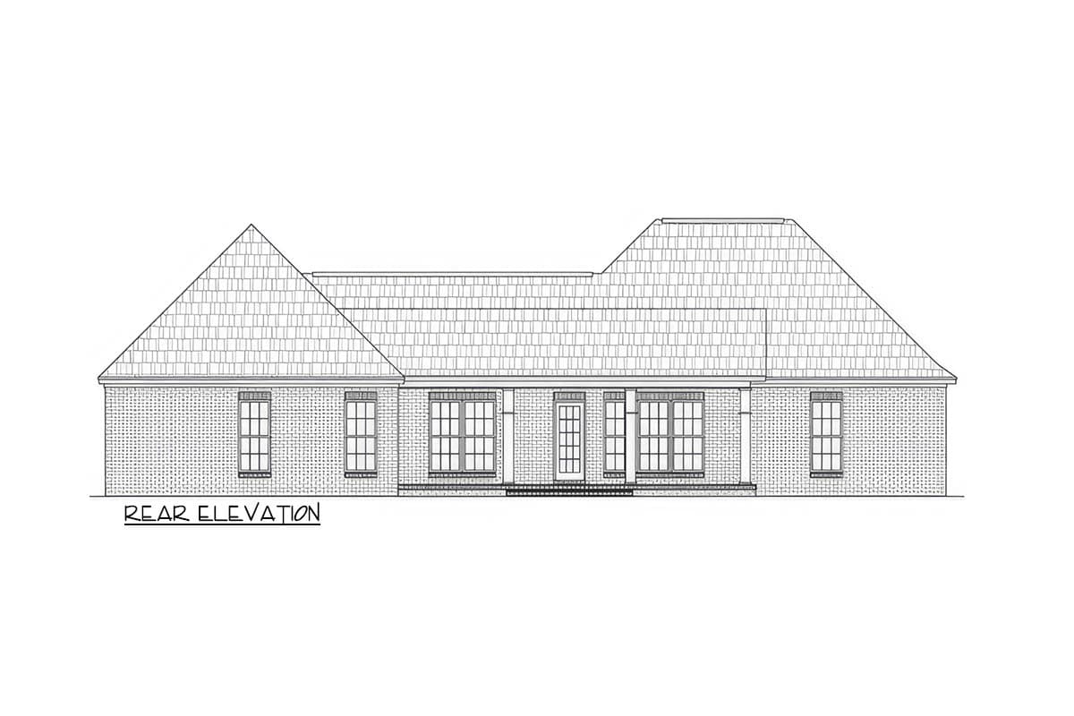 Rear elevation drawing of a one-story house plan with a brick exterior, covered porch, and hip roof.