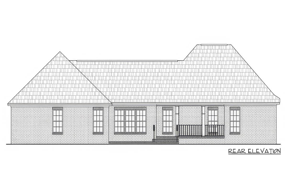 Rear elevation drawing of a house plan featuring brickwork, multiple windows, a covered porch, and varied rooflines.