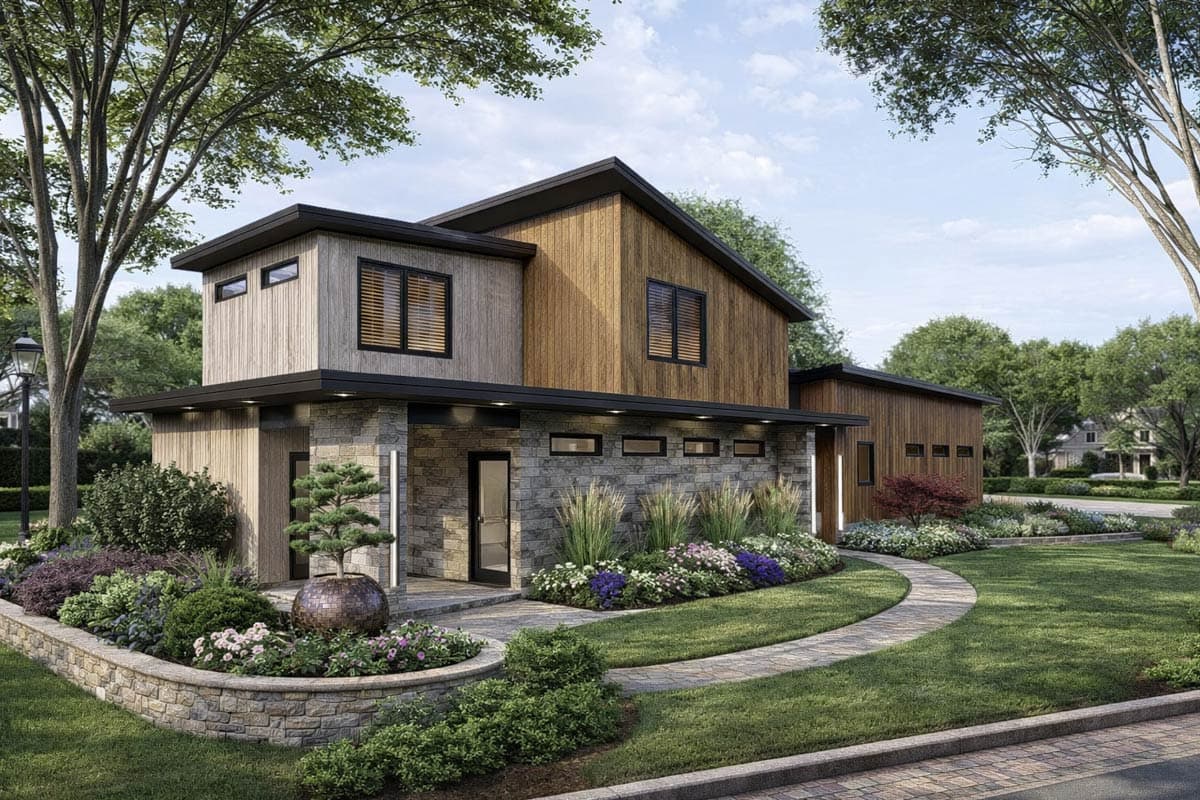 House plan exterior. Two-story Modern house with board-and-batten siding and flat roof. Features include stone veneer and a recessed entryway.