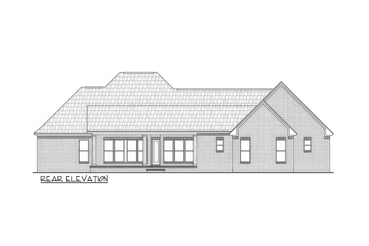Rear elevation drawing of a brick house plan with a covered porch and varied rooflines.