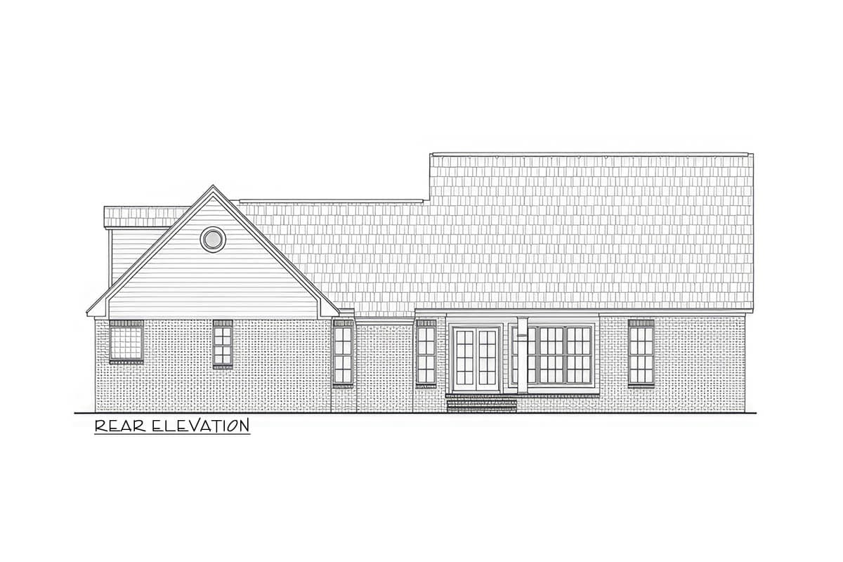 Rear elevation drawing of a one-story house plan with brick facade, gabled dormer, and double doors.