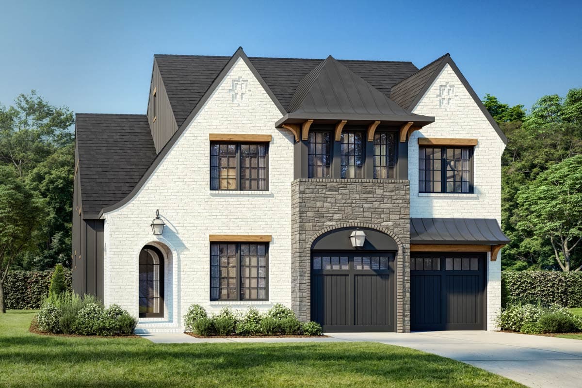 Exterior rendering of a modern home with white brick, dark trim, stone accents, and a detached two-car garage.